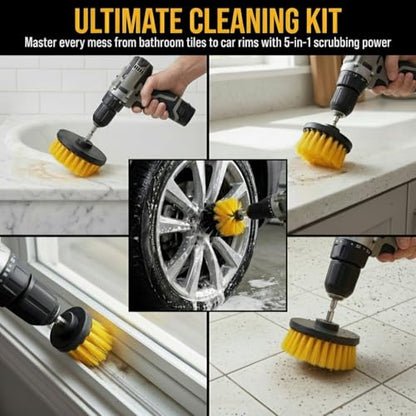 Drill Brush Attachment Set, 5 Pack Power Scrubber Cleaning Brush Kit with Extension Rod for Bathroom, Tub, Tile, Grout, Kitchen, Floor and Wheel Rims (Yellow) - color: Yellow