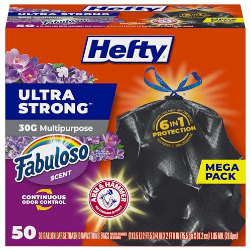 Hefty Ultra Strong 30 Gallon Trash Bags, Large Trash Bags 30 Gallon Size, Multipurpose, Break Resistant Drawstring Closure, Resists Leaks, Punctures, and Tears, Black, Fabuloso Scent, 50 Bags - color: multi-color, size: 50 Count (Pack of 1)