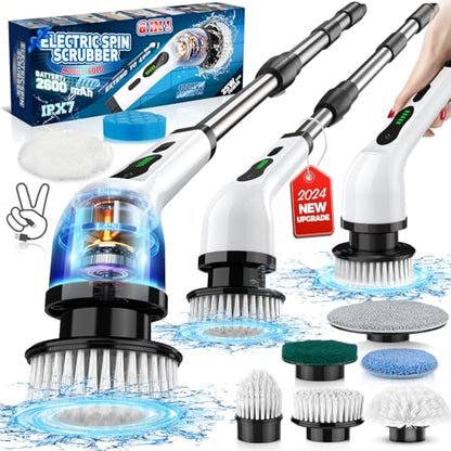 Electric Spin Scrubber, IPX7 Waterproof Cordless Cleaning Brush with 8 Replaceable Heads, Dual Speed & USB-C Charging, Retractable Handle Power Scrubber for Bathtub, Tile, Bathroom