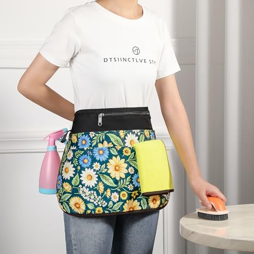 Bafelia Cleaning Apron Caddy for Women with 6 Pockets, Professional Waterproof Cleaning Supplies for Housekeeping - color: Green Flowers