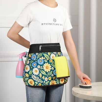 Bafelia Cleaning Apron Caddy for Women with 6 Pockets, Professional Waterproof Cleaning Supplies for Housekeeping - color: Green Flowers