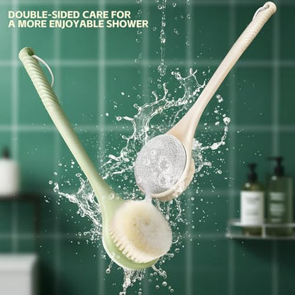 Back Scrubber for Shower, Long Handle Exfoliating Brush, Dual-Sided Bath Brush with Soft Bristles & Volcanic Pumice Stone, Anti-Slip Grip for Men & Women (Green) - color: Greenb