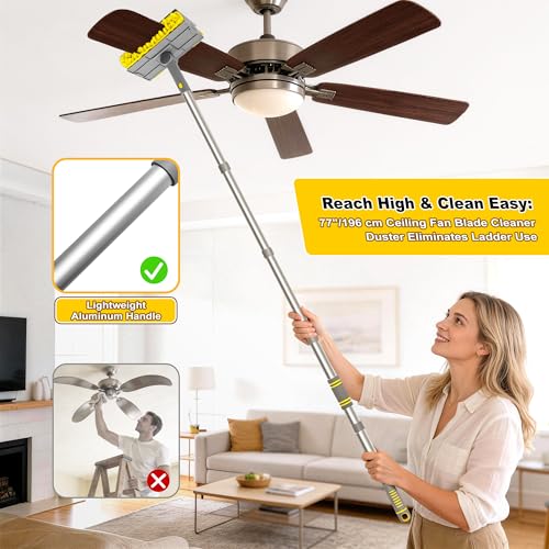 JEHONN 77” Ceiling Fan Cleaner Duster with Extra Bendable Chenille Dust Cleaning Tool, Detachable Washable Mop for Baseboard, Blinds, Walls, Floors & Car Interiors (Yellow)