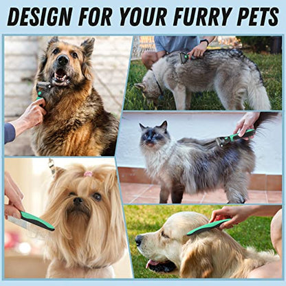Docrok Pet Grooming Brush and Metal Comb Combo, Cat Brush Dog Brush for Shedding, Undercoat Rake for Dogs Grooming, Dematting Deshedding Brush Dogs Shedding Tool for Long matted Haired Pets, Green - color: Green