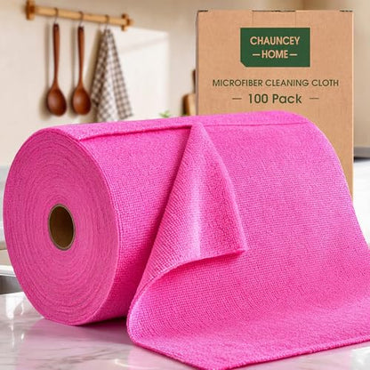Microfiber Cleaning Cloth Roll - 100 Pack Tear Away Microfiber Paper Towels, Reusable, Washable, Scratch-Free, Kitchen Towels for Car, Home, Kitchen, Glass, Dishes (Hot Pink) - color: Hotpink