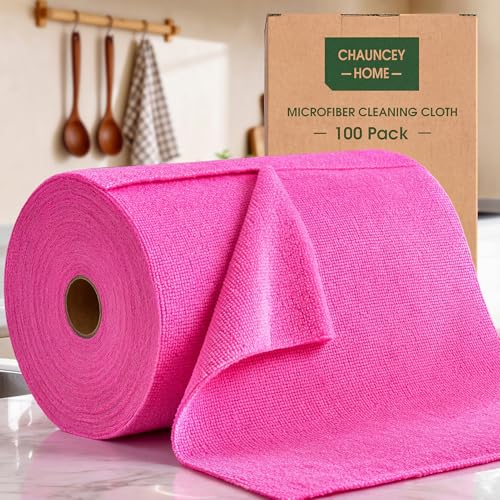 Microfiber Cleaning Cloth Roll - 100 Pack Tear Away Microfiber Paper Towels, Reusable, Washable, Scratch-Free, Kitchen Towels for Car, Home, Kitchen, Glass, Dishes (Hot Pink) - color: Hotpink