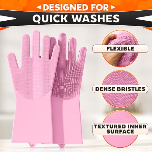 ALPENKOK Silicone Dishwashing Gloves with Scrubber – Non-Slip Silicone Gloves for Washing Dishes | Household Use - color: Pink