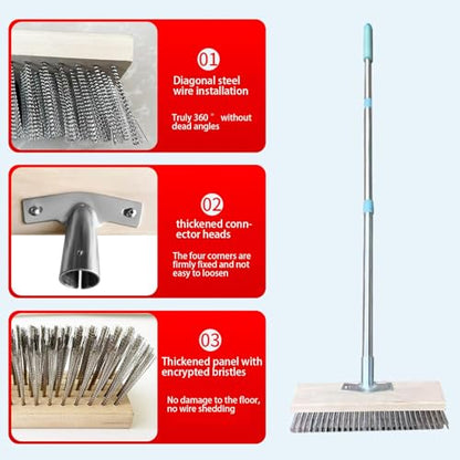 Stainless Steel Wire Broom Deck Scrub Brush with Long Handle, Stiff Metal Bristle Brush, Heavy Duty Floor Brush for Outdoor Patio Deck Garden - size: 11.8in