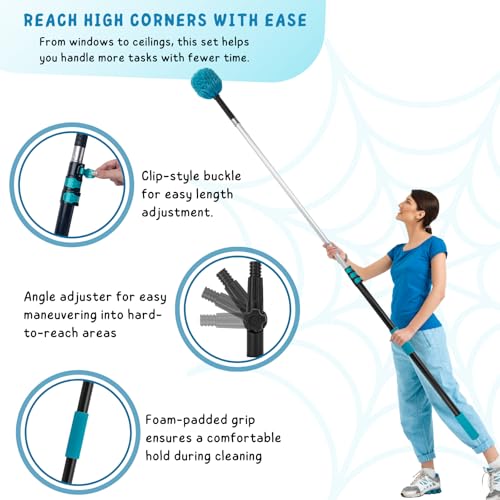 Cobweb Duster with 5-12 Ft Extension Pole, Spider Web Brush with Long Telescoping Pole for 20 Feet Reach, Window Cleaning Squeegee with Scrubber, High Ceiling Fan Dusters
