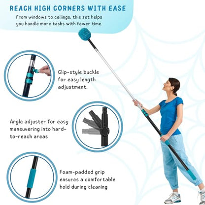 Cobweb Duster with 5-12 Ft Extension Pole, Spider Web Brush with Long Telescoping Pole for 20 Feet Reach, Window Cleaning Squeegee with Scrubber, High Ceiling Fan Dusters