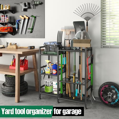 keomaisyto Garden Tool Organizer for Garage Organization, 3 Tier Yard Tool Storage Rack with 35 Long-Handled Tool Slots, Heavy Duty Garden Tool Holder with Large Hooks for Shed, Yard, Garage - size: Extra Large-no Wheels