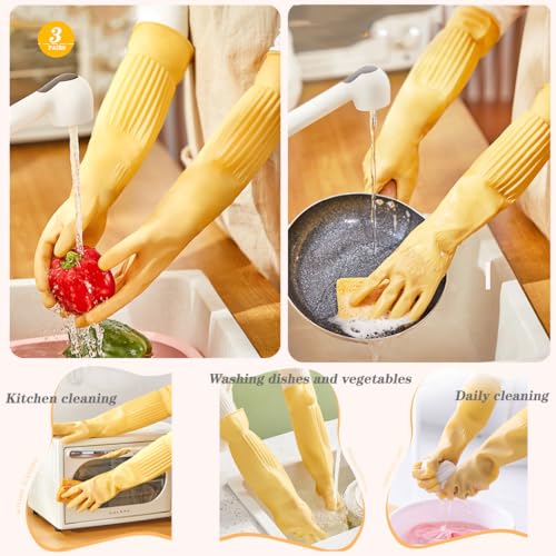 3- Pair 17.8 - Inch Elbow - Length Reusable Rubber Waterproof Household Cleaning and Kitchen Dishwashing Gloves - Small Size - color: （pack of 3）, size: Small