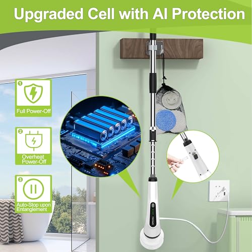 WKY-Electric Spin Scrubber - Upgraded 10-in-1 IPX7 Waterproof Shower Scrubber, Retractable Handle & 2-Speed for Toilet, Bathroom, Bathtub, Tile Floors