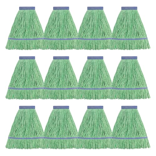 Matthew Cleaning Heavy Duty Mop Head Commercial Replacement for General and Floor Cleaning , Wet Industrial Blue Cotton Looped End String Head Refill (Pack of 12) Green - color: Green, size: 12 Count