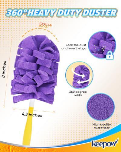 KEEPOW 4+1 Pcs Pads Compatible with Swiffer Reusable Pads with Handle Set | Reusable Fleece Duster Kit With Handle, Washable Pads For Efficient Home Cleaning And Multi-Surface Dust Removal - color: 1yellow+1blue+1purple+1rose Red, size: 4+1 Pack(with hand