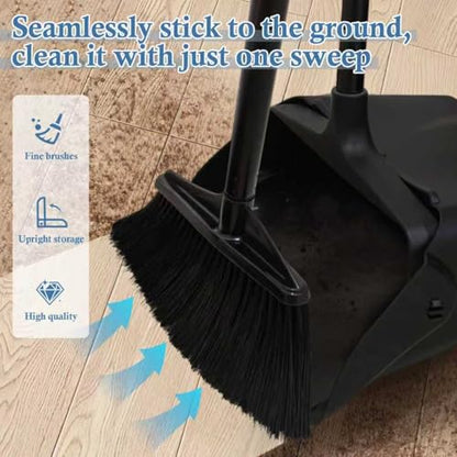 Broom and Dustpan Set with Long Handle and Wheels, Upright Standing Heavy Duty Large Dust Pan and Broom Combo for Indoor Outdoor, Kitchen, Garage, Restaurant Cleaning – Black