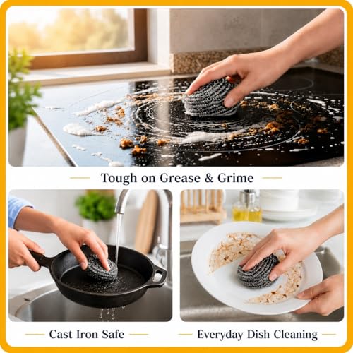 12Pcs Stainless Steel Scrubbers for Dishes, Pots, Pans, & Sinks - Steel Wool Scrubber Pads for Kitchen Cleaning
