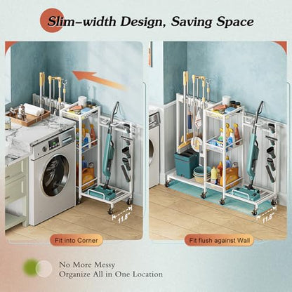 Broom Holder with Cleaning Supplies Organizer, Broom Closet Storage Cabinet with Cleaning Caddy Vacuum Stand, Cleaning Cart with Mop Hanger Gripper Rack Hook, Laundry Room Organization Home Essentials - color: White