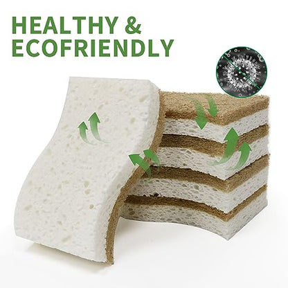 9 Pack Biodegradable Natural Kitchen Sponge - Compostable Cellulose and Coconut Walnut Scrubber Sponge - Eco Friendly Sustainable Sponges for Dishes