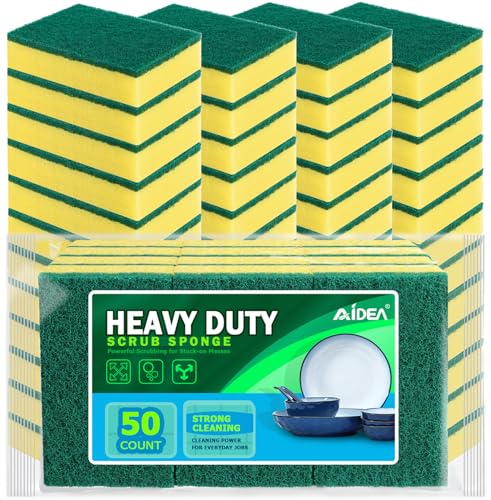 AIDEA Sponges Kitchen, 50 Pack Heavy Duty Dish Sponge, Cleaning Dish Scrubber Sponge for Home and Kitchen, Stink-Free Cleaning Supplies for Pots, Pans - style: Yellow-Rectangle Shape