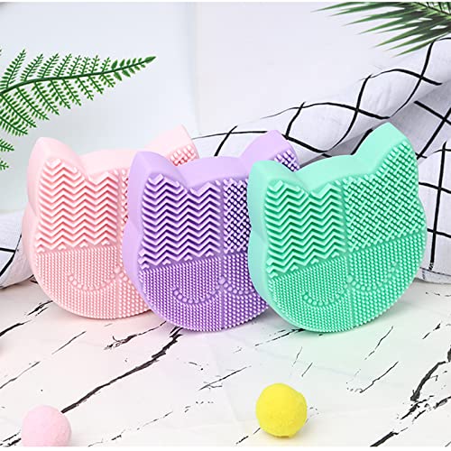 New Grass Green Silicon Makeup Brush Cleaner Mat with Portable Cat Shaped Cosmetic Brush Cleaning Pad Holder and Drying Holder - color: New Grass Green