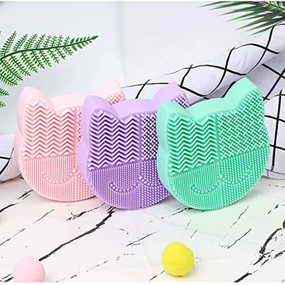 Silicon Makeup Brush Cleaner Mat with Portable Cat Shaped Cosmetic Brush Cleaning Pad Holder - Light Green - color: New Light Green