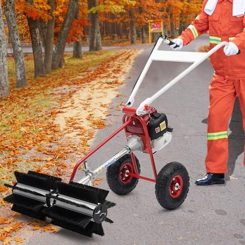2.3HP 4 Stroke Handheld Sweeper 37.7CC Gas Power Hand Push Industrial Sweeper with Air Cooling System Portable Outdoor Snow Sweeper Lawn Farm Sidewalk Cleaner Sweeping Broom
