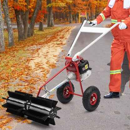 2.3HP 4 Stroke Handheld Sweeper 37.7CC Gas Power Hand Push Industrial Sweeper with Air Cooling System Portable Outdoor Snow Sweeper Lawn Farm Sidewalk Cleaner Sweeping Broom