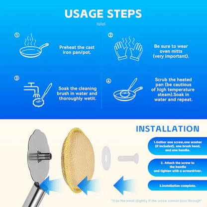 Kitchen Cleaning Brush with Handle, Non-Scratch Preserve Seasoning for Wok, Cast Iron Skillet, Pans, Oven Racks, Air Fryer, Jars - Stainless Steel Handle
