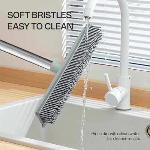 Rubber Broom with Hair Removal Gloves for Carpet Pet Hair Remover,50 inch Long Handled Fur Remover Rake,Portable Detailing Lint Brush,Pet Removal Fluff Carpet,Hardwood Floor,Tile,Green
