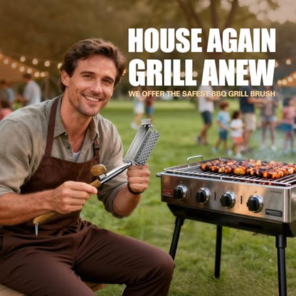 HOUSE AGAIN Grill Brush and Scraper Bristle Free with Dual Grip, 304 Stainless Steel Food-Grade Brush Head, Outdoor Grill Cleaning Brush Safe BBQ Grill Accessories Cleaner for Porcelain/Weber/Charcoal - style: Natural Wood + Dual Grip