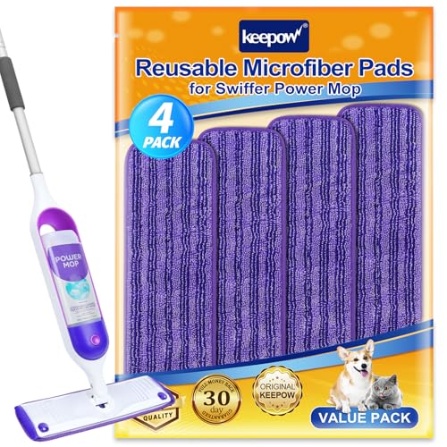 KEEPOW Reusable Power Mop Refill Pads for Swiffer Power Mop, Powermop Mopping Pad Refills for Wood Floor Cleaning, Machine Washable Microfiber Mop Pads for Wet and Dry Use, 4 Pack - color: Purple Stripe-4 Pack