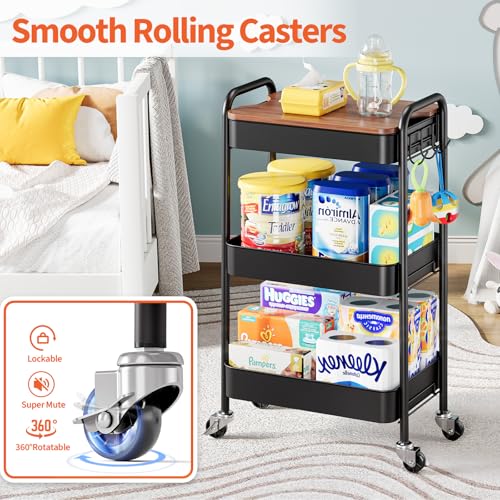 TOOLF 3-Tier Rolling Cart with Table Top, Metal Storage Cart on Wheels, Utility Organizer with Wooden Tray, Lockable Casters, Easy Assembly for Bathroom, Living Room, Office, Kitchen, Black - color: Black