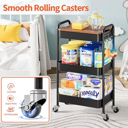 TOOLF 3-Tier Rolling Cart with Table Top, Metal Storage Cart on Wheels, Utility Organizer with Wooden Tray, Lockable Casters, Easy Assembly for Bathroom, Living Room, Office, Kitchen, Black - color: Black