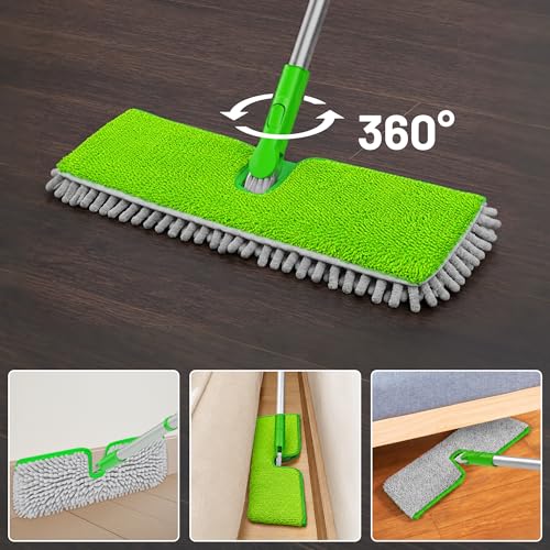2-Sided Microfiber Dust Mop for Hardwood Floors & Walls | Flat Flip Head, Wet Dry Use, 3 Chenille & Microfiber Pads, 58" Handle, 360° Swivel, Sweep Pet Hair, Tile, Laminate, Kitchen - size: 15" Mop-G