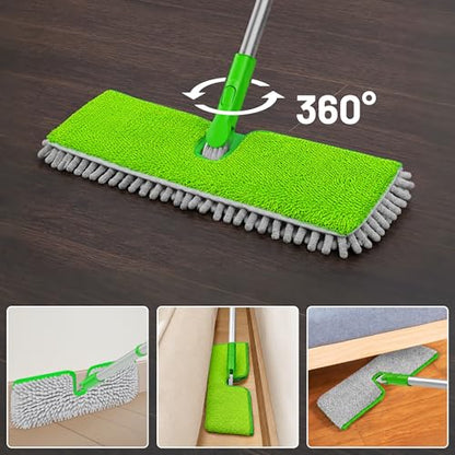 2-Sided Microfiber Dust Mop for Hardwood Floors & Walls | Flat Flip Head, Wet Dry Use, 3 Chenille & Microfiber Pads, 58" Handle, 360° Swivel, Sweep Pet Hair, Tile, Laminate, Kitchen - size: 15" Mop-G