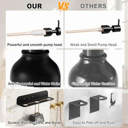 Refillable Shampoo and Conditioner Dispenser Set of 3 - Wall Mounted No Drill Pump with Bottles, 3 Chamber for Shower Soap and Body Wash Dispenser with Labels, Matte Black Bottle for Bathroom (16oz)