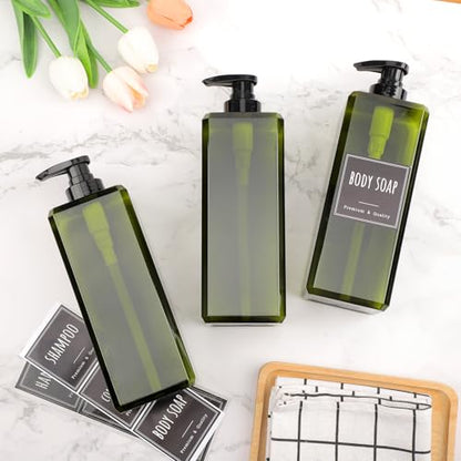 Segbeauty 33.8oz Square Shampoo and Conditioner Dispenser, 3pcs Large Capacity Plastic Soap Dispenser Bathroom, Green 1000ml Empty Lotion Pump Bottle Soap Hand Wash Bottles with Waterproof Labels - color: Green, style: 3pcs