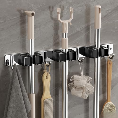 Wall-Mounted Broom Holder Stainless Steel Mop Storage Rack Laundry Room Storage Solution Suitable for Kitchens, Gardens,Garages (Option A: 3 clips with 4 hooks) - color: Option A: 3 clips with 4 hooks