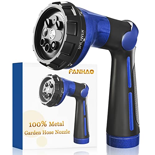 FANHAO Garden Hose Nozzle 100% Heavy Duty Metal Water Hose Sprayer with 8 Spray Patterns, High Pressure Spray Nozzle with Thumb Control, On Off Valve for Watering Plants, Washing Cars & Pets, Blue - color: Blue