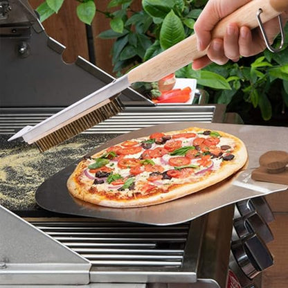 ZEAYEA 21 Inch Pizza Oven Brush with Scraper, Brass Bristles, Copper Wire Pizza Stone Cleaning Brush for BBQ Grill Cleaning, Outdoor Oven Accessories