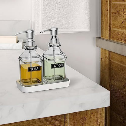 LMQML Soap Dispenser - 2 Pack, Antique Design Thick Glass Hand Soap Dispensers with Sturdy Tray; 304 Rust Proof Stainless Steel Silver Pump, 12Pcs Stickers, for Kitchen, Bathroom - color: Silver