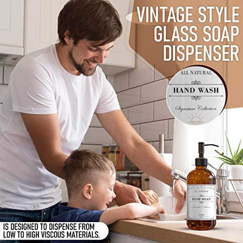 Sunrise Premium 2 Pack Amber Glass Soap Dispenser 16 OZ with Oil Rubbed Bronze Stainless Steel Pump, Hand and Dish Soap Dispenser Set for Bathroom and Kitchen Sink with 6 Waterproof Labels - color: Oil Rubbed Bronze Ss Pump - Amber Glass