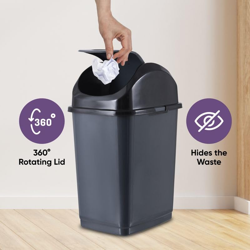 Superio Kitchen Trash Can with Swing Top Lid 9 Gallon Slim Waste Bin 37 Qt Sturdy Plastic Garbage Can Medium Recycling Bin for Office, Bathroom, Under Counter, Dorm, Bedroom (Dark Grey-2 Pack) - size: 9 Gallon, style: 2 Pack
