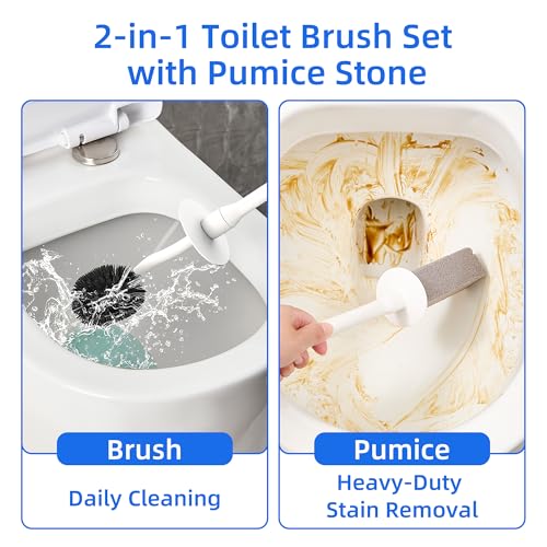 Toilet Brush and Holder Set with Pumice Stone – Long Handle Toilet Bowl Brush, Anti-Splash Scrubber, Ventilated Drip-Free Base, Deep Cleaner for Hard Water Stains, Limescale, Toilet Rings, Grey - color: Gray