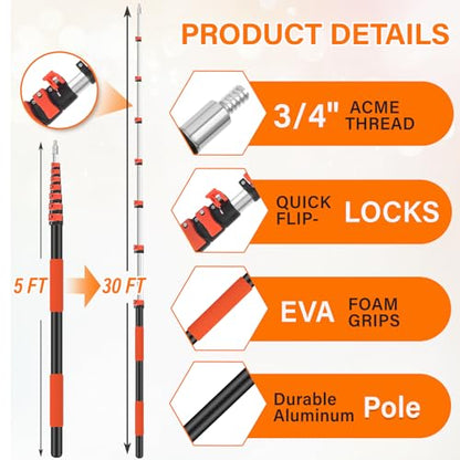 36FT High Reach Duster with Extension Pole 5-30FT, 4-in-1 Cleaning Kit with Universal Swivel Joint, High Ceiling Fan Cleaner Duster, Cobweb Duster, Microfiber Feather Duster and Window Squeegee - size: 30FT Pole
