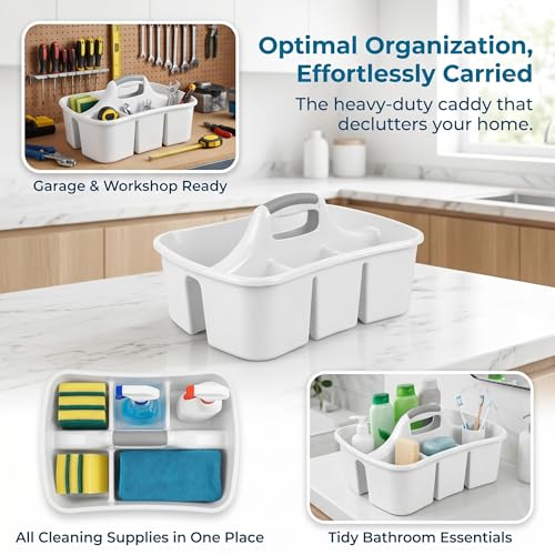 Large Plastic Utility Caddy with 4 Compartments – Heavy-Duty Storage Organizer for Cleaning Supplies, Sponges & Spray Bottles – Easy-Carry Handle (White)