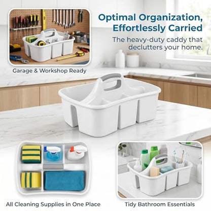 Large Plastic Utility Caddy with 4 Compartments – Heavy-Duty Storage Organizer for Cleaning Supplies, Sponges & Spray Bottles – Easy-Carry Handle (White)
