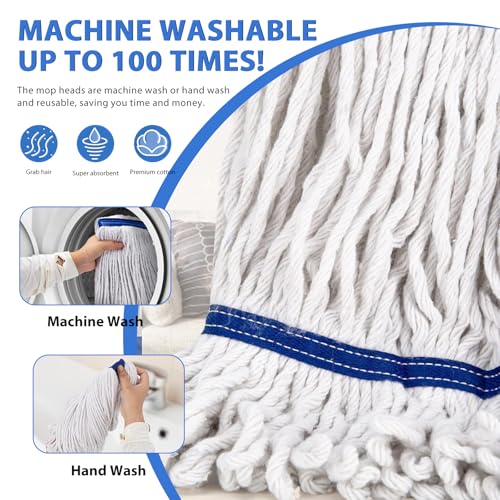 Heavy Duty Loop-End String Mop - Commercial Industrial Mop with Extra Replacement Heads, 59" Long Handle for Garage Workshop Warehouse Floor Cleaning - Effortless & Durable