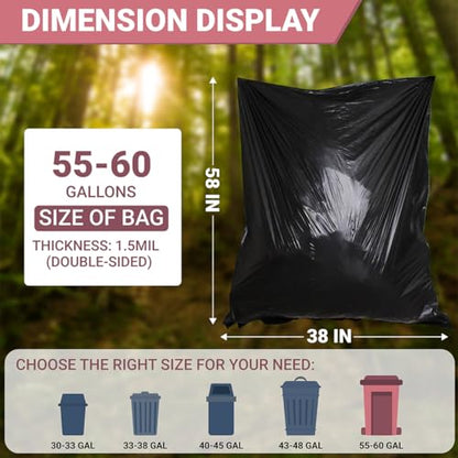 55-60 Gallon Heavy Duty Black Trash Bags, 38in x 58in x 1.5mil - Large Garbage Can Liners for Contractors, Commercial, Janitorial, and Lawn Use
